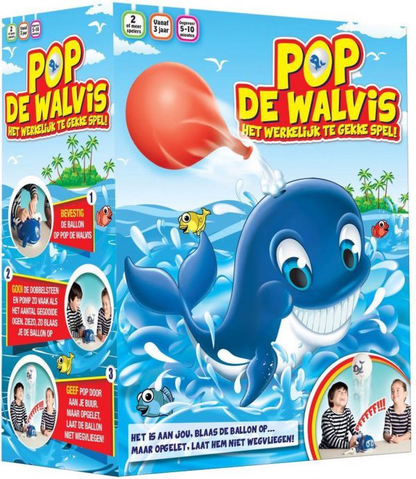 POP DE WALVIS is een leuk spel waarbij de spelers beurt om beurt de ballon opblazen en vooral trachten niet diegene te zijn die de ballon laat wegvliegen met een luid gefluit!