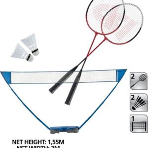 Badmintonset, 2 rakets, 2 shuttles en een badmintonnet